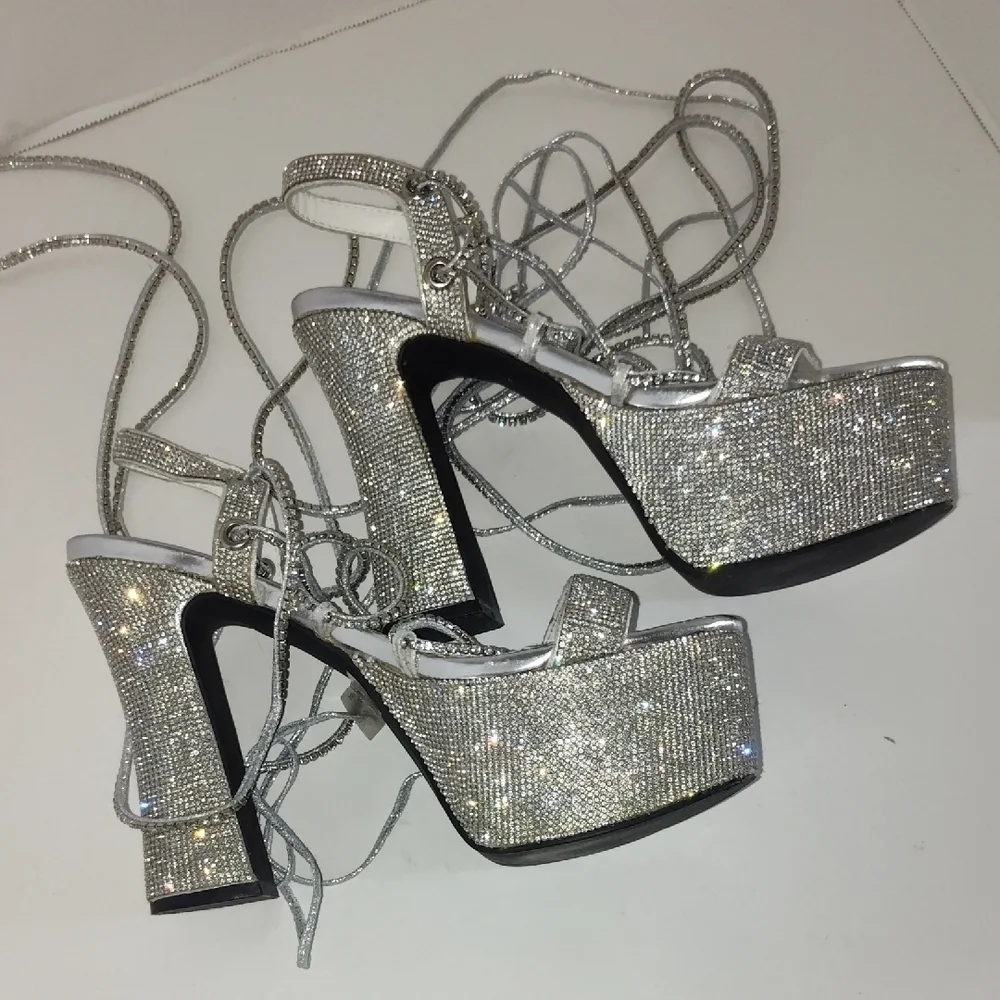 Dolls Kill Poster Girl Lace Up Silver Platform Heels 9